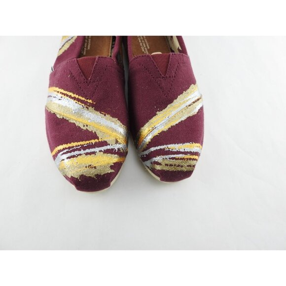 TOMS Women’s Alpargata Slip On Shoes Maroon Gold Silver Paint Stripe Canvas 7.5 - Picture 2 of 8